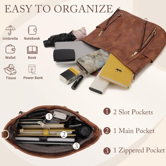 Trendy Brown Hobo Bag for Women - Perfect Gift with Roomy Interior & Pockets - Picture 3 of 7